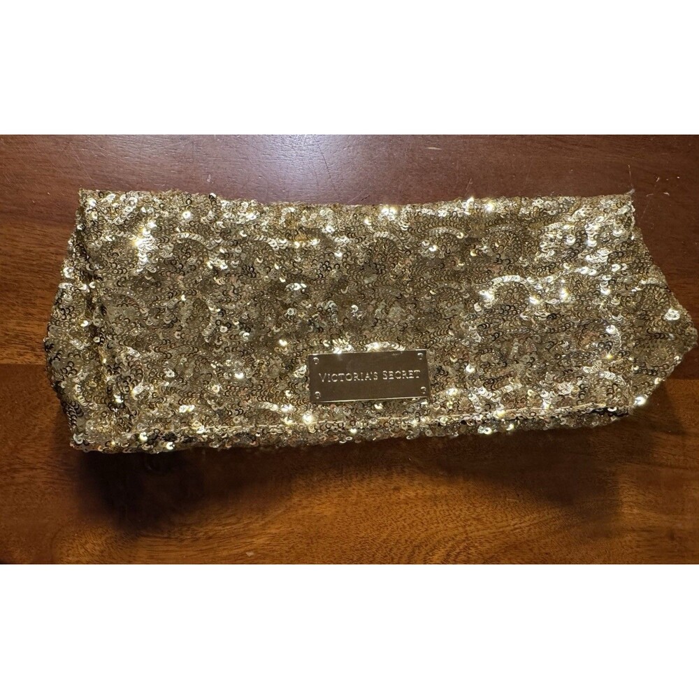 Victoria's Secret Gold Sequin Foldover Clutch Bag Black Satin Lining Snap Close